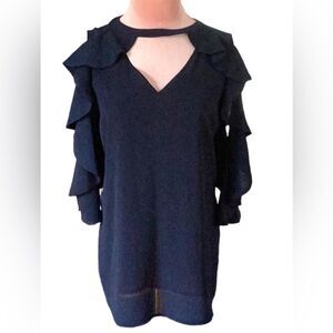 MICHAEL KORS DARK BLUE COLD SHOULDER RUFFLE SLEEVES TOP BLOUSE WOMENS SMALL